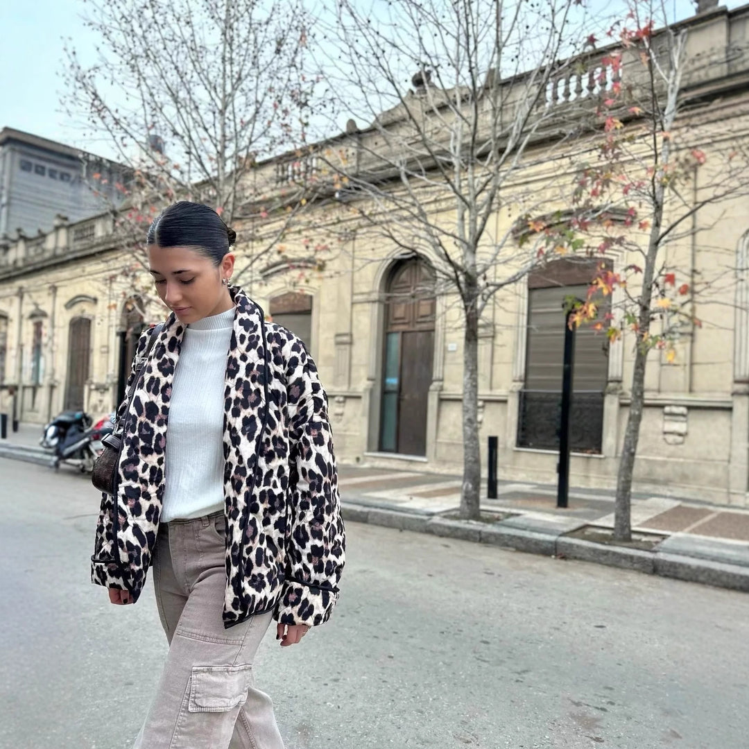 Women's leopard print bomber jacket with a stylish cut and practical pockets Lune London
