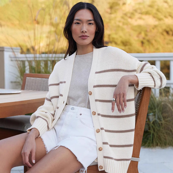 Knitted cardigan for women with V-neck and large stripes Lune London