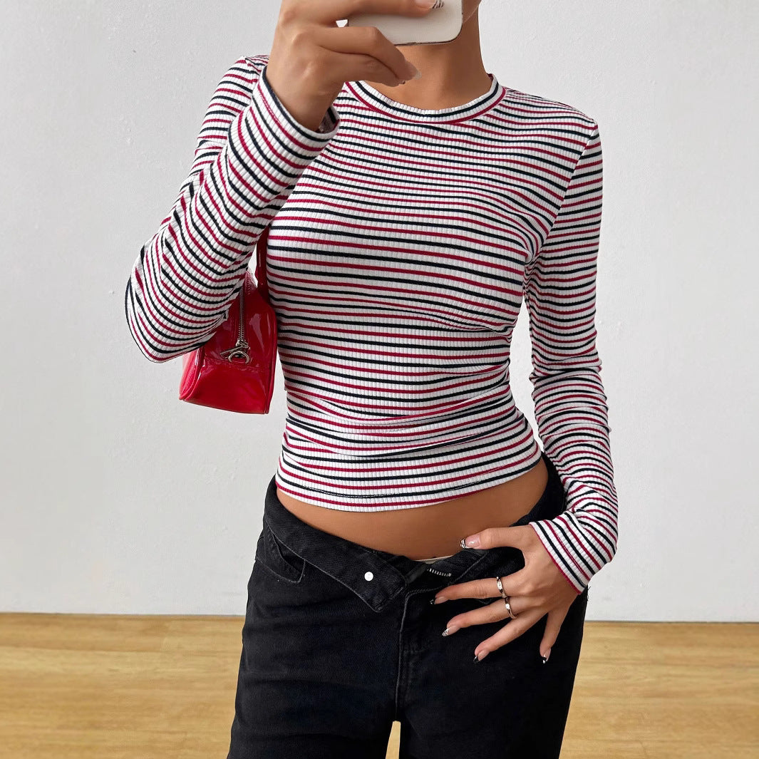 Women’s long sleeve striped ribbed texture top with round neck Lune London