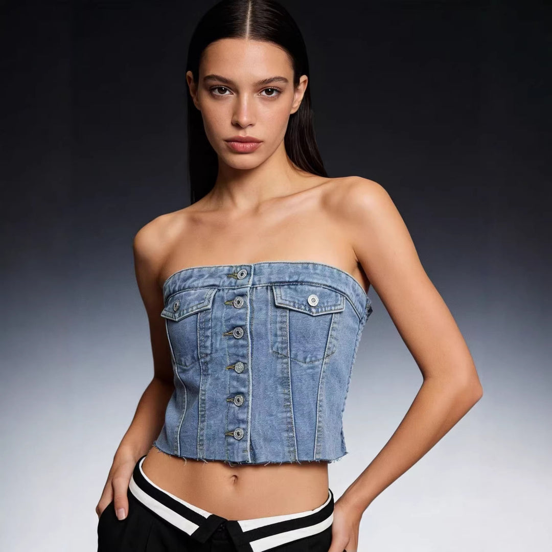 Women Denim Bustier Top with Button Detail and Fringes Lune London