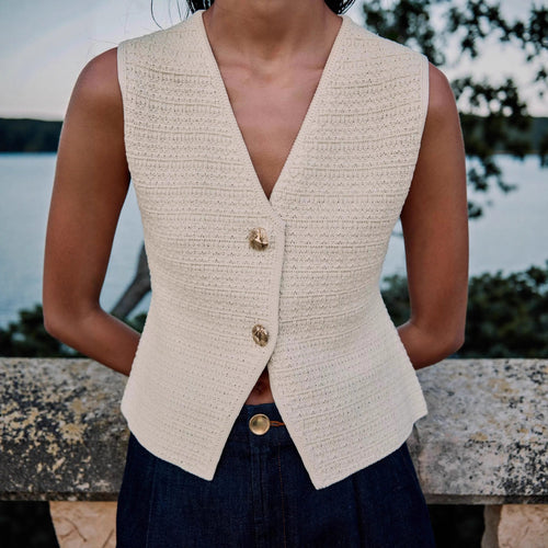 Ladies sleeveless cardigan with decorative buttons and beautiful texture Lune London