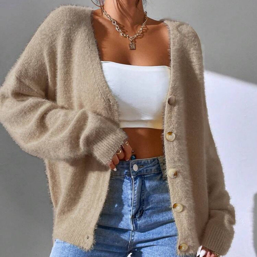 Ladies fluffy knit cardigan with golden buttons and relaxed fit Lune London