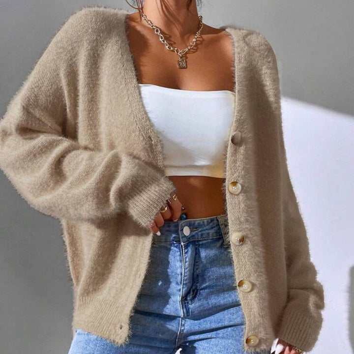 Ladies fluffy knit cardigan with golden buttons and relaxed fit Lune London