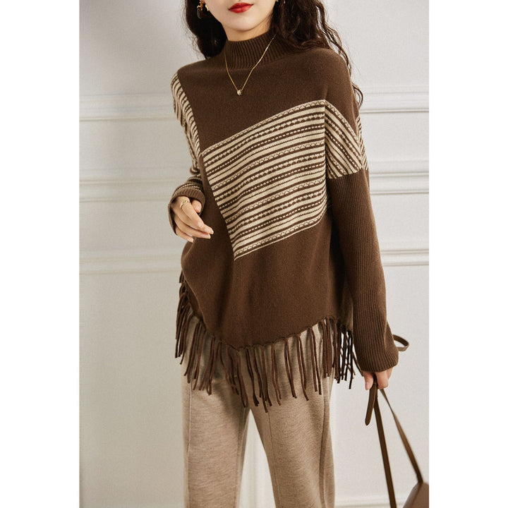 Pull surdimensionné pour femmes avec motif rayé graphique et franges Chic & Stil