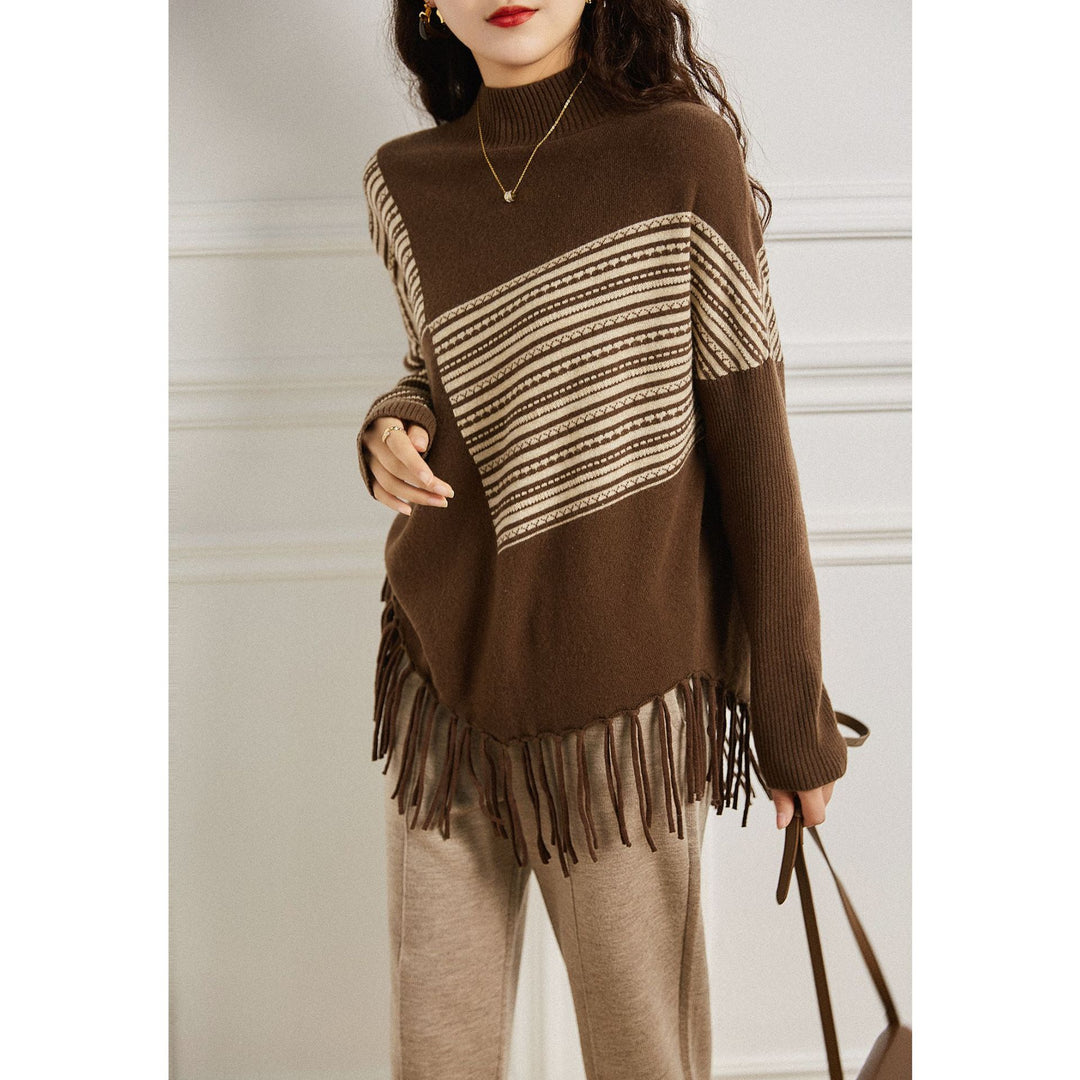 Pull en maille pour femmes avec motif géométrique et franges