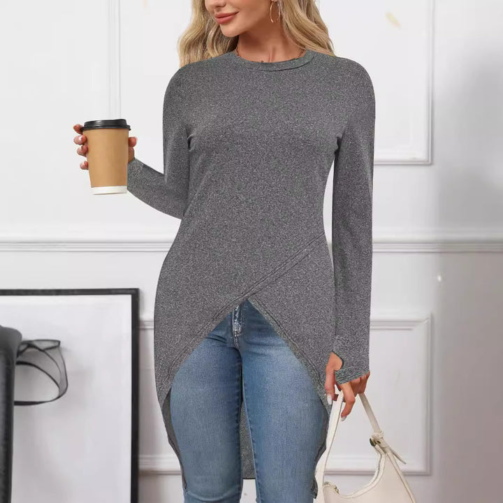 Ladies asymmetrical long sleeve top with elegant wrapped design Lune London