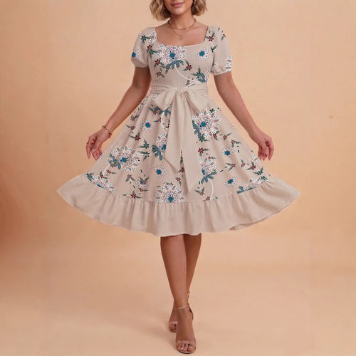 Women's floral dress with adjustable belt and voluminous sleeves Lune London