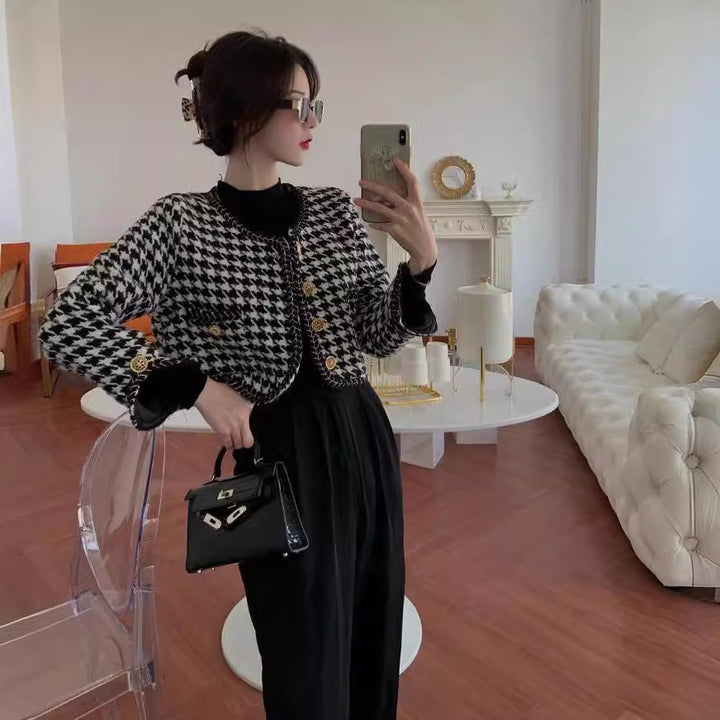 Designer jacket for women in houndstooth design with golden buttons Lune London
