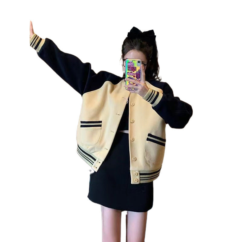 Ladies Varsity Jacket with Button Closure and Side Pockets Chic & Stil