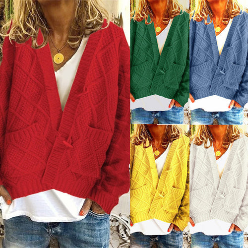 Thick knit jacket for women with a decorative cable design and practical pockets Lune London