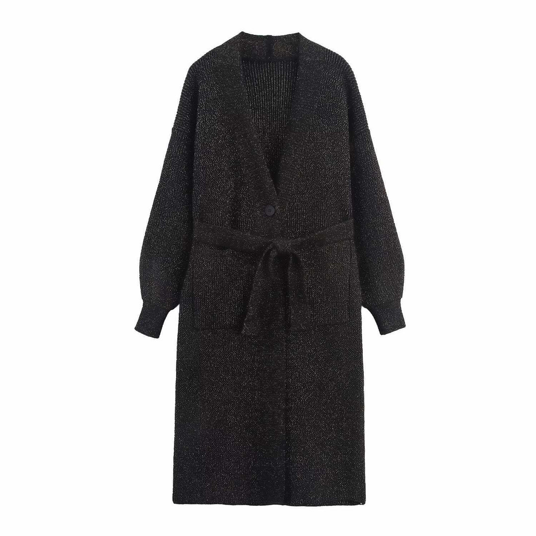 Ladies long knitted cardigan with waist belt Lune London