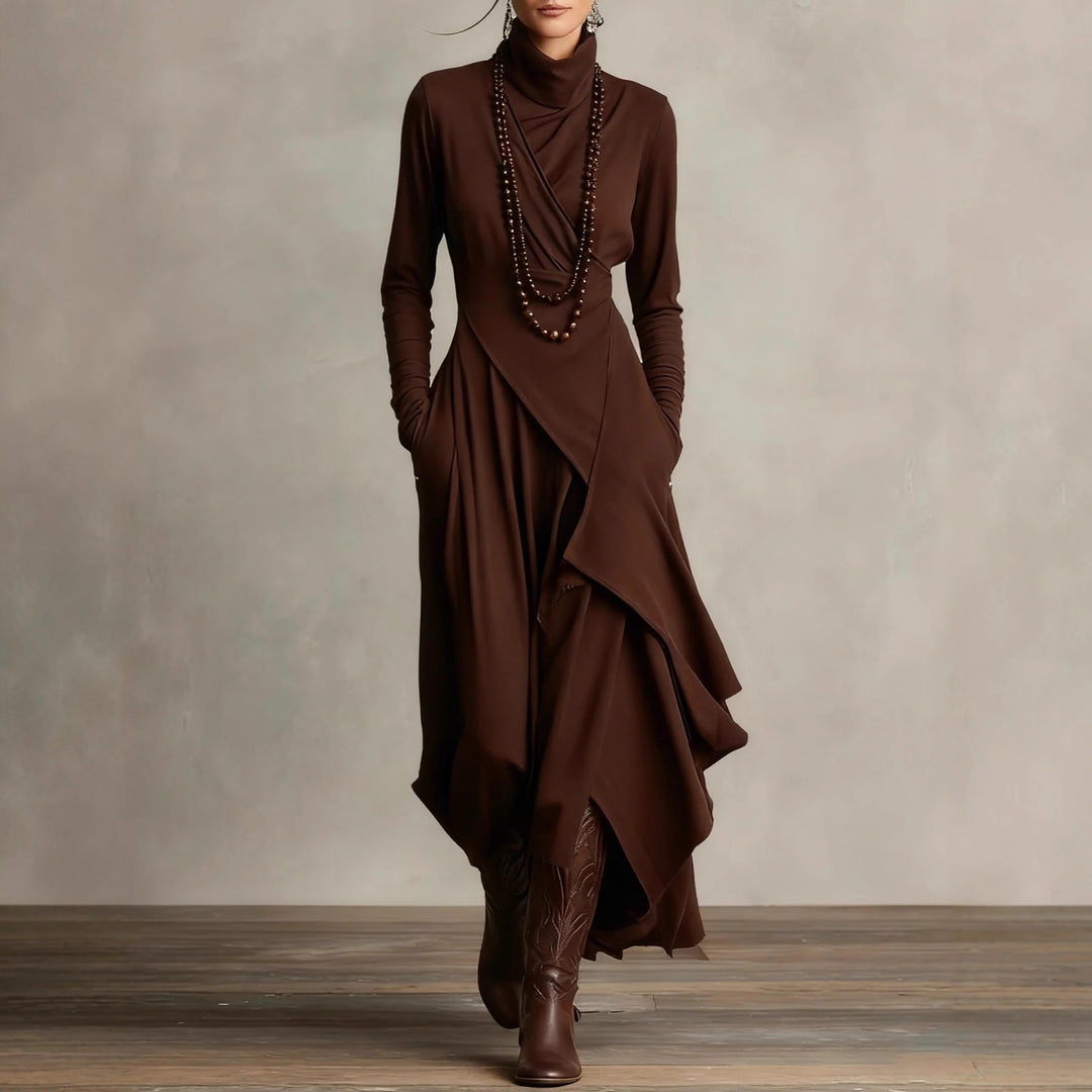 Women's Elegant Maxi Dress with Draped Top and Asymmetrical Cut Lune London