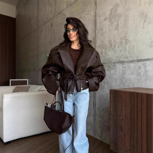Ladies oversized leather jacket with waist belt Lune London