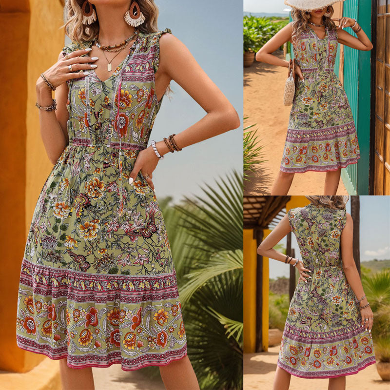 Chic Floral Print Boho Midi Dress