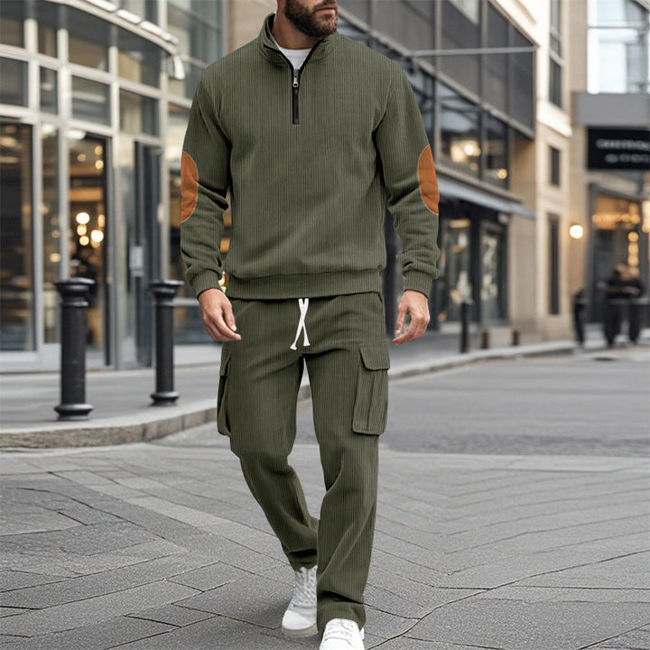 Fashionable men's leisure suit with structured tops and practical cargo pants Lune London