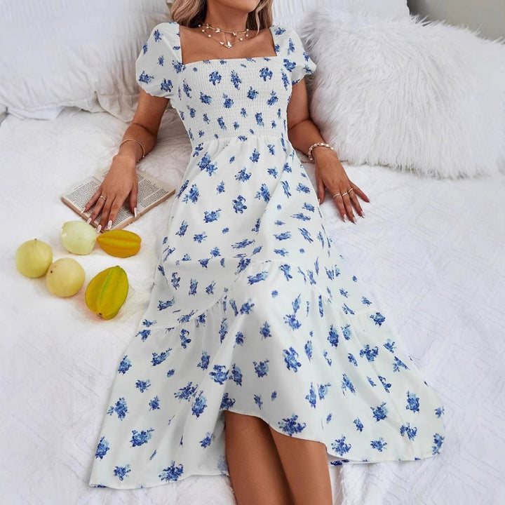 Floral print maxi dress for women with ruffled hem Lune London