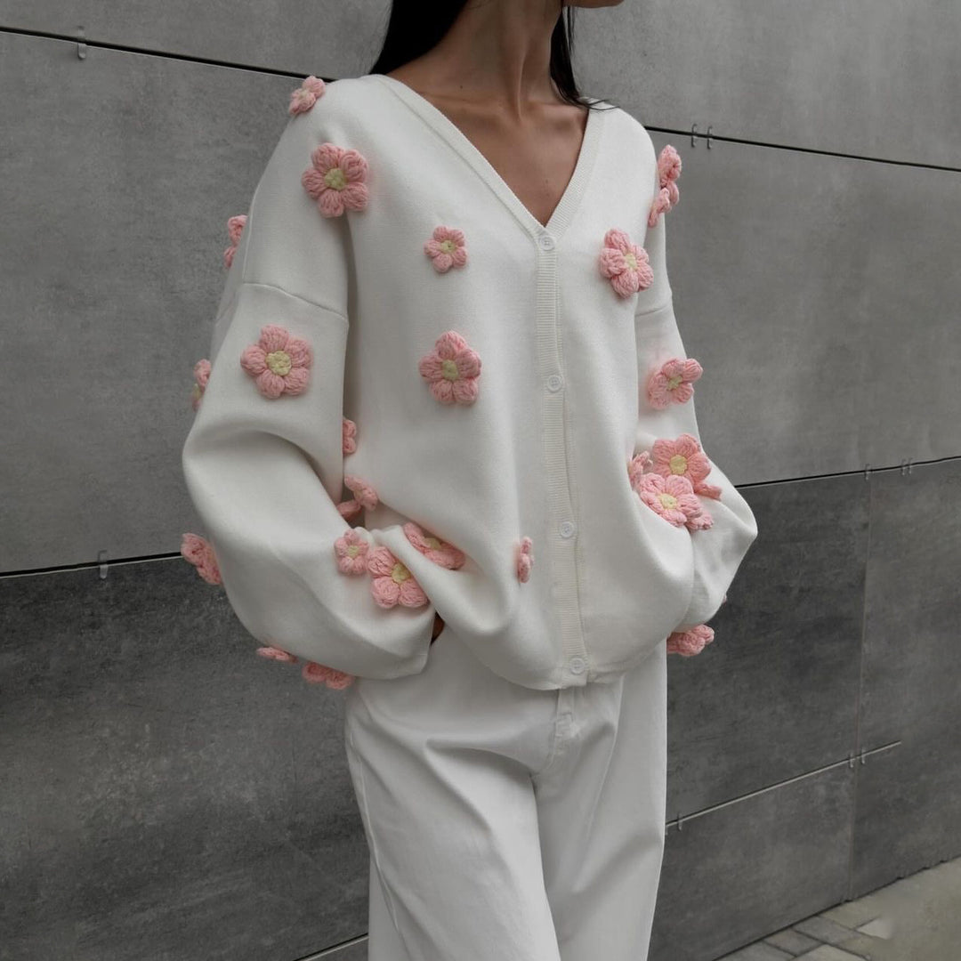 Ladies' knit jacket with 3D floral design and V-neck Lune London