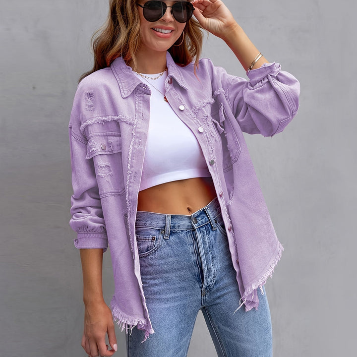Oversized denim jacket for women with frayed edges and patch pockets Lune London