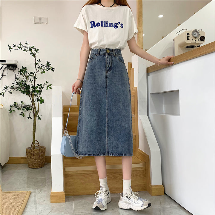 Jupe en jean longue pour femmes avec découpe haute et coutures décoratives Chic & Stil