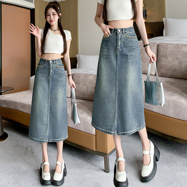 Jupe midi en denim pour femmes avec ourlet évasé Chic & Stil