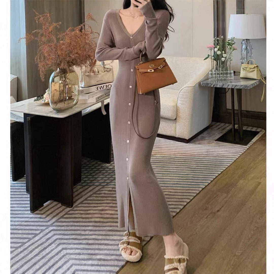 Ladies Elegant Maxi Dress with Button Details and Chic V Neckline and Style
