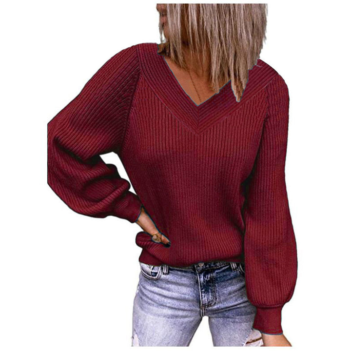 Knitted sweater for women with V-neck and puff sleeves Lune London