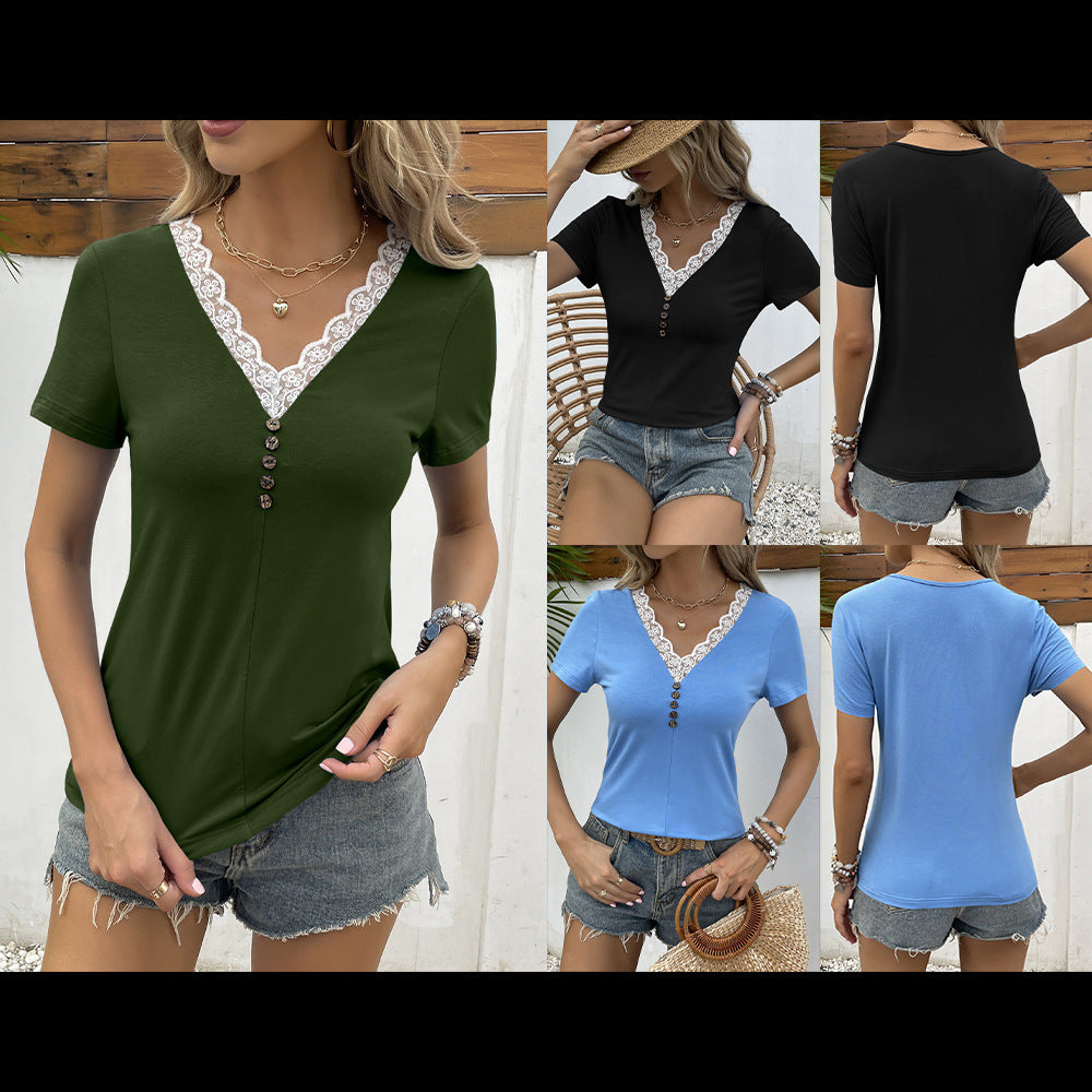 V neck t-shirt for women with lace and wooden button detail Lune London