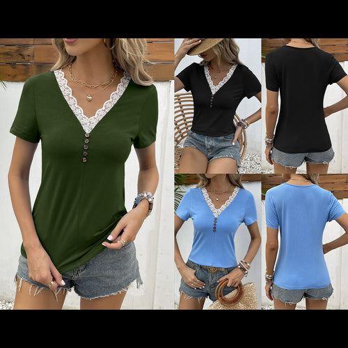 V neck t-shirt for women with lace and wooden button detail Lune London