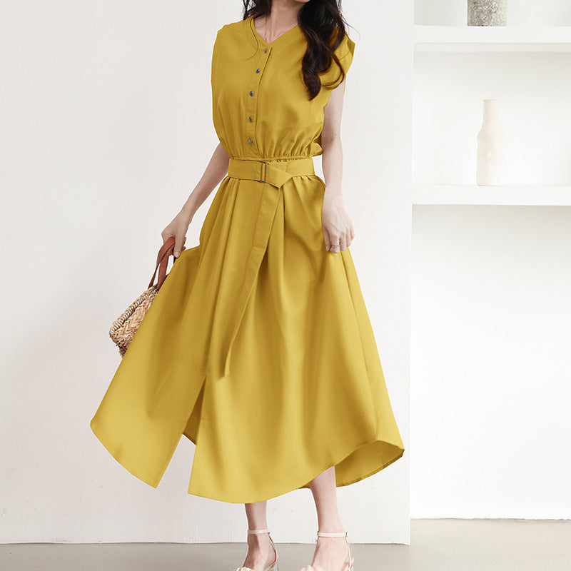 Midi dress for women with button placket and belt at the waist Lune London