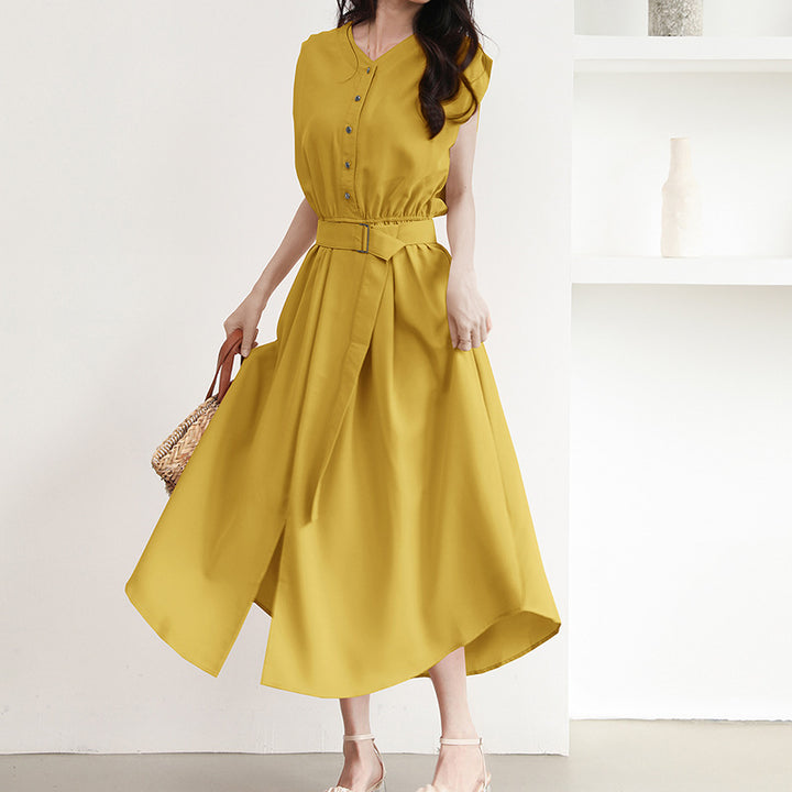 Midi dress for women with button placket and belt at the waist Lune London