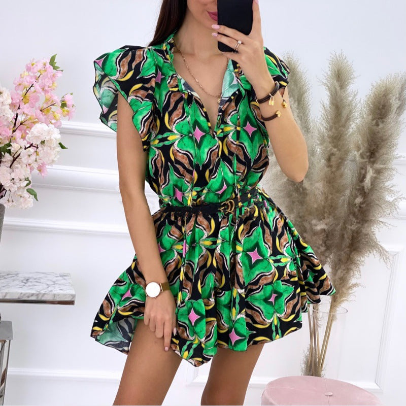 Chic and style women's fluid A-line mini dress with ruffled sleeves