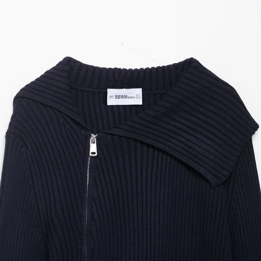 Ladies fashion cardigan with asymmetric collar and zipper Lune London