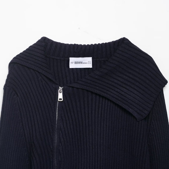 Ladies fashion cardigan with asymmetric collar and zipper Lune London