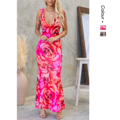 Women's maxi dress with elegant water neckline and floral accents