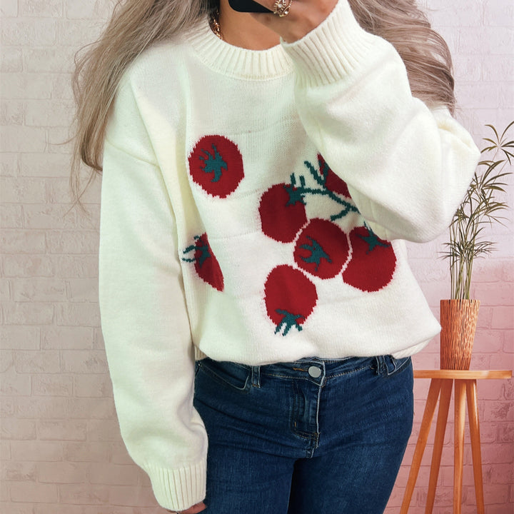 Pull en tricot pour femmes avec un motif de tomate ludique et une coupe décontractée Chic & Stil
