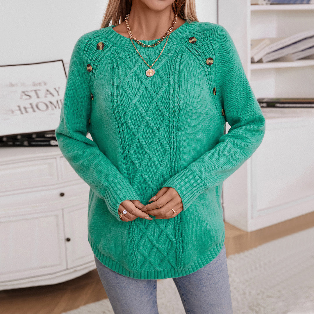 Knitted sweater for women with decorative embossed pattern and button details Lune London