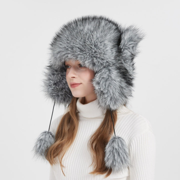 Woman Cozy Fur Hat with Ear Protection and Pompon Lune London