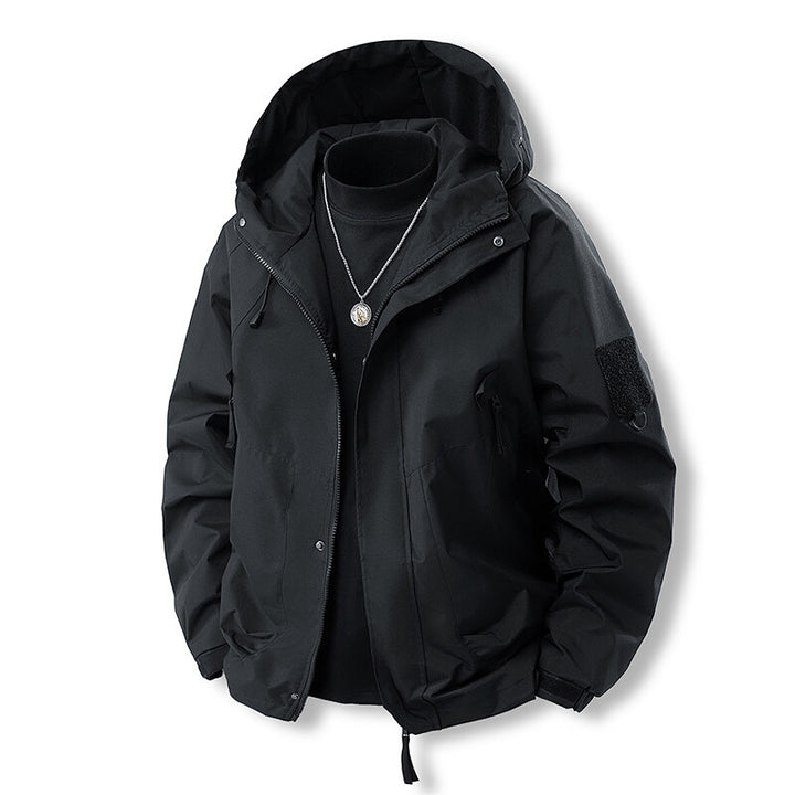 Functional outdoor jacket for men with adjustable hood and breathable properties Lune London