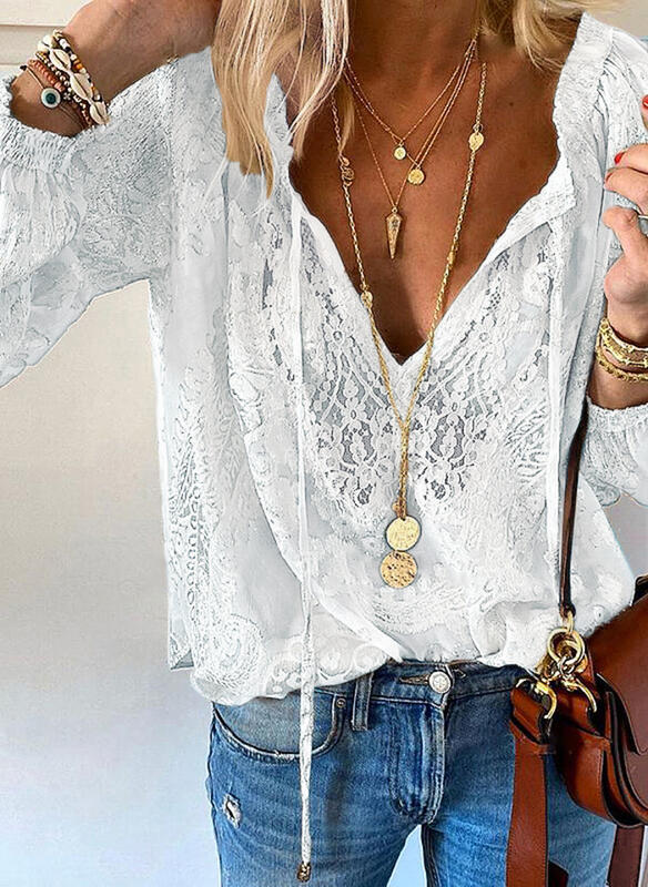 Women's elegant blouse with fine lace and deep V-neck Lune London
