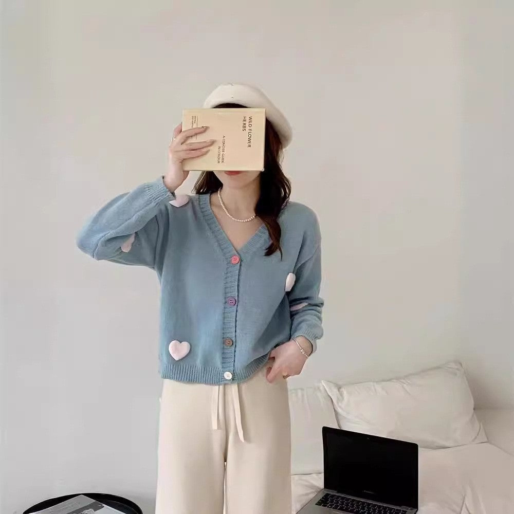 Women Comfortable Knit Jacket with Hearts and Colorful Button Details Lune London