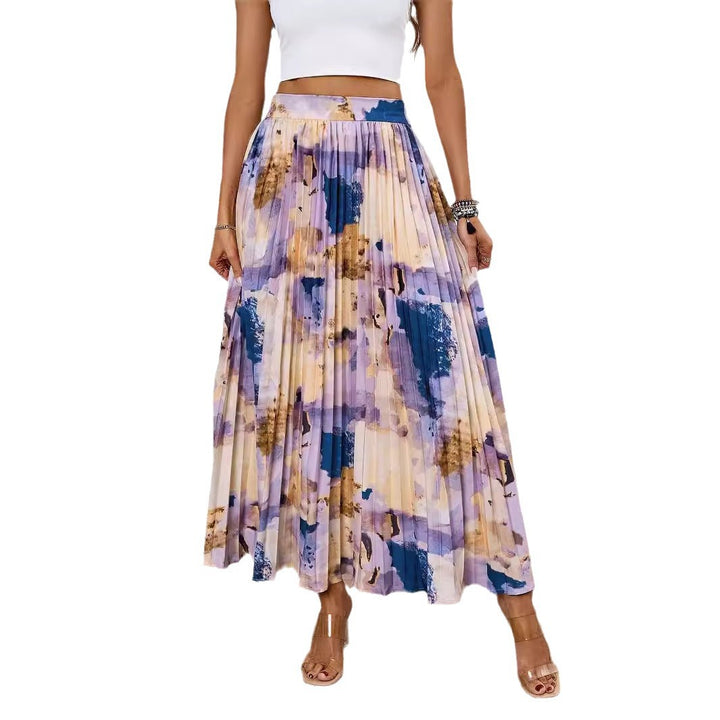 Pleated midi skirt for ladies with a colorful watercolor design Lune London