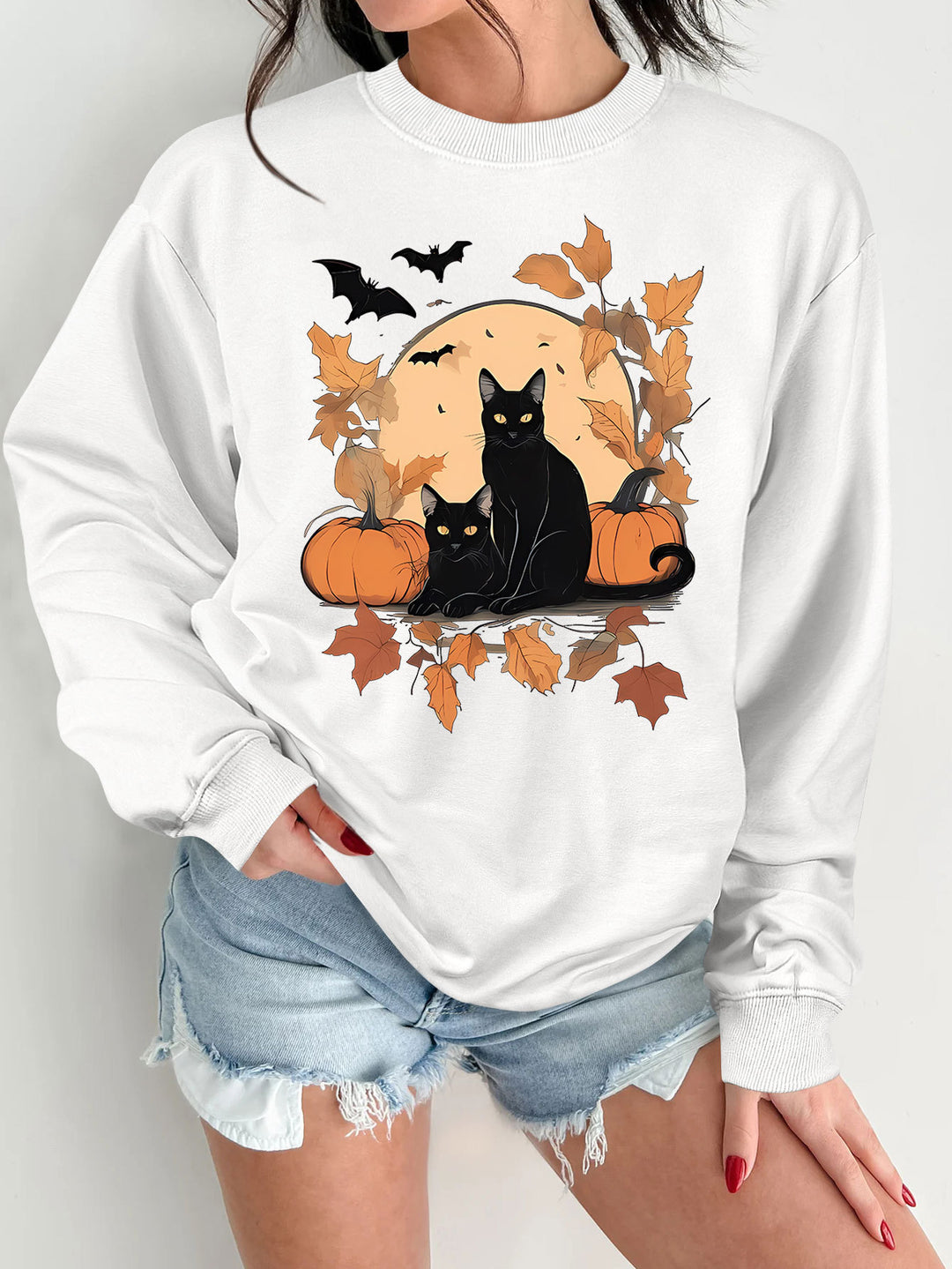 Sweat-shirt pour femmes avec un design de chat d'automne et de citrouille Chic & Stil