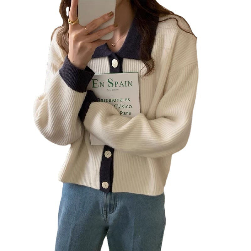 Women knitted cardigan with contrasting collar and button closure Lune London