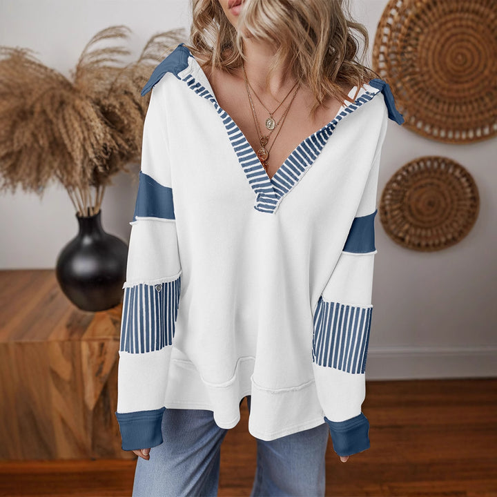 Comfortable sweater for women with a shirt collar and striped sleeves Lune London