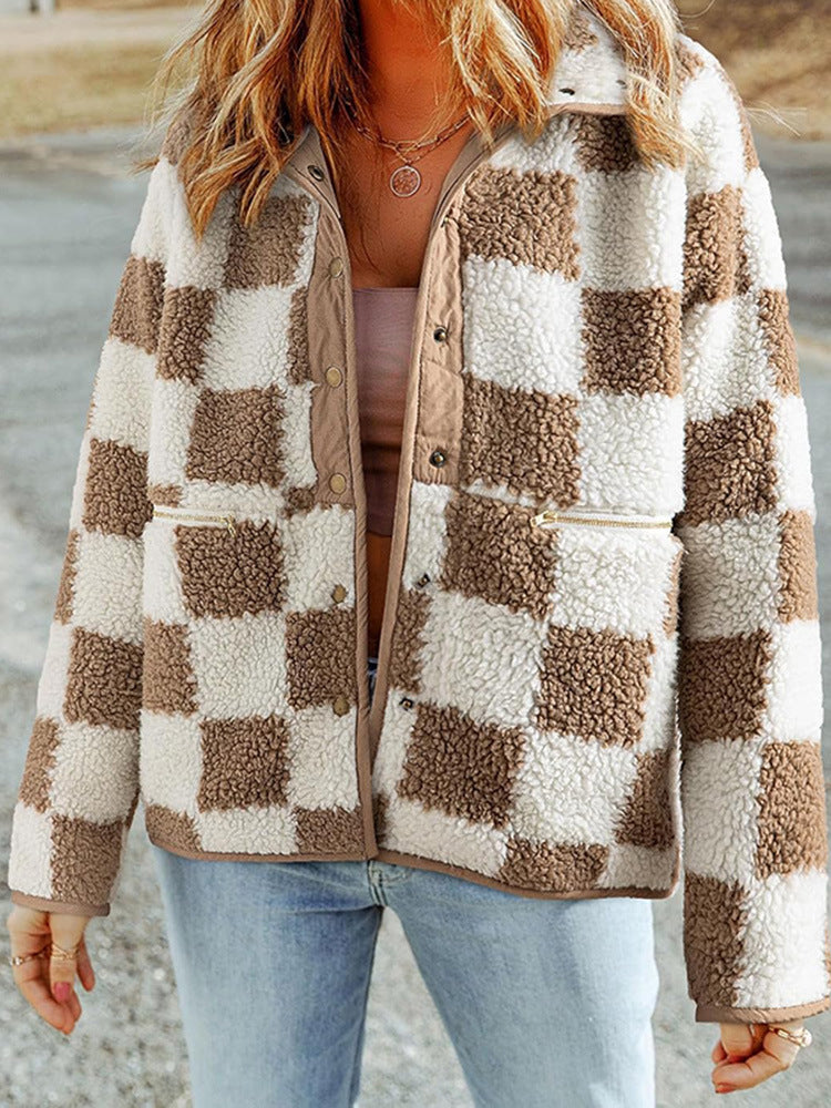 Ladies Cozy Wool Jacket with Modern Square Patterns Lune London