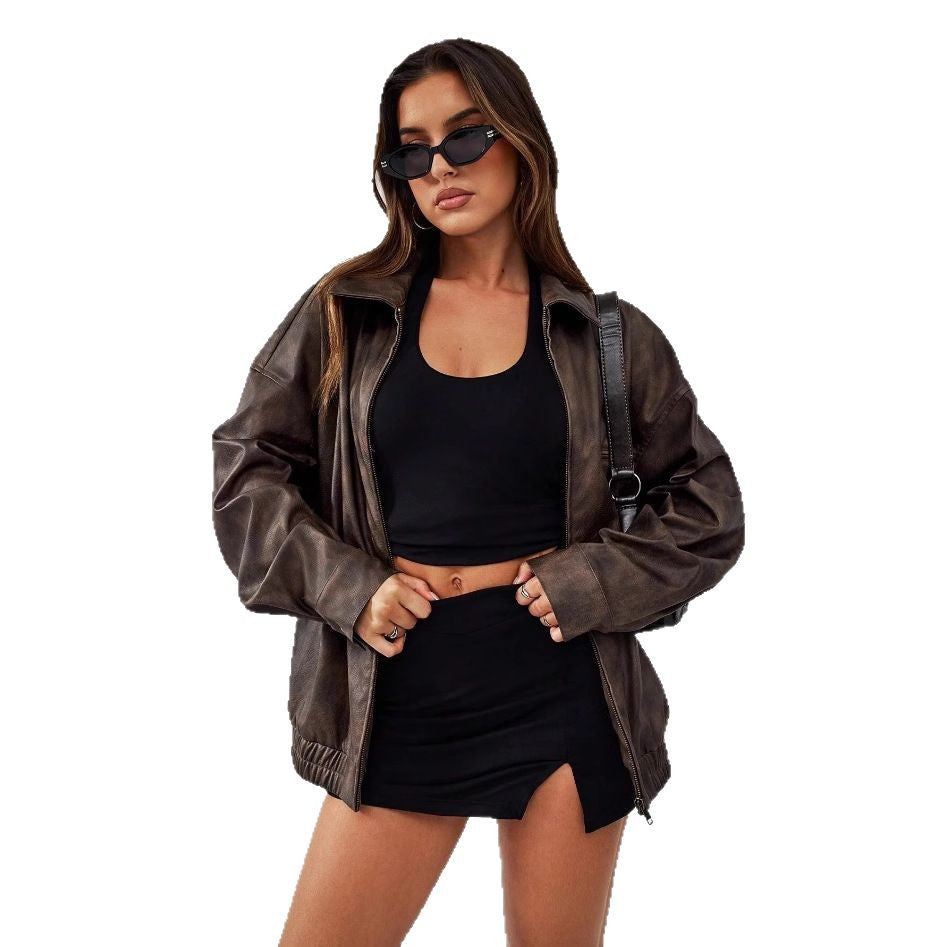 Ladies oversized sporty leather jacket with convenient pockets and elastic hem Lune London