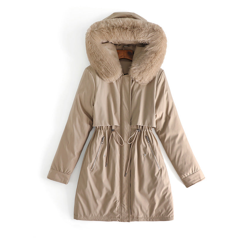 Ladies elegant winter coat with removable faux fur collar and adjustable drawstring at the waist Lune London