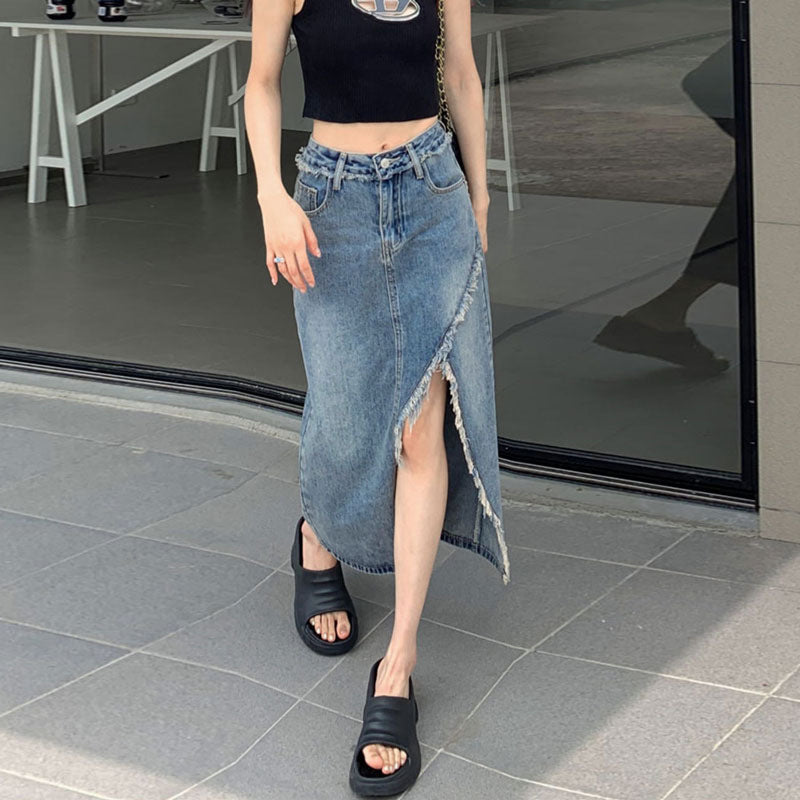 Jupe midi en denim pour femme avec ourlet asymétrique Chic & Stil