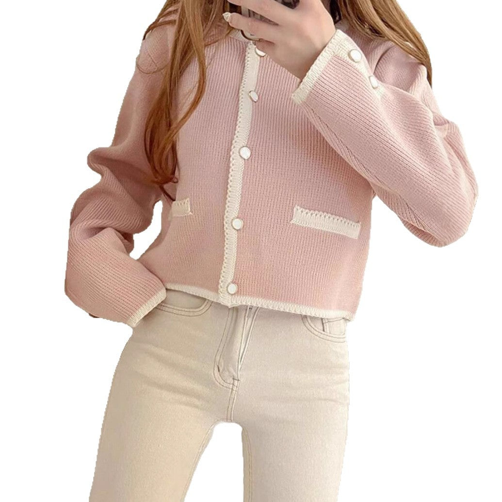 Women Knitted Short Cardigan with Beaded Collar and Pockets Lune London