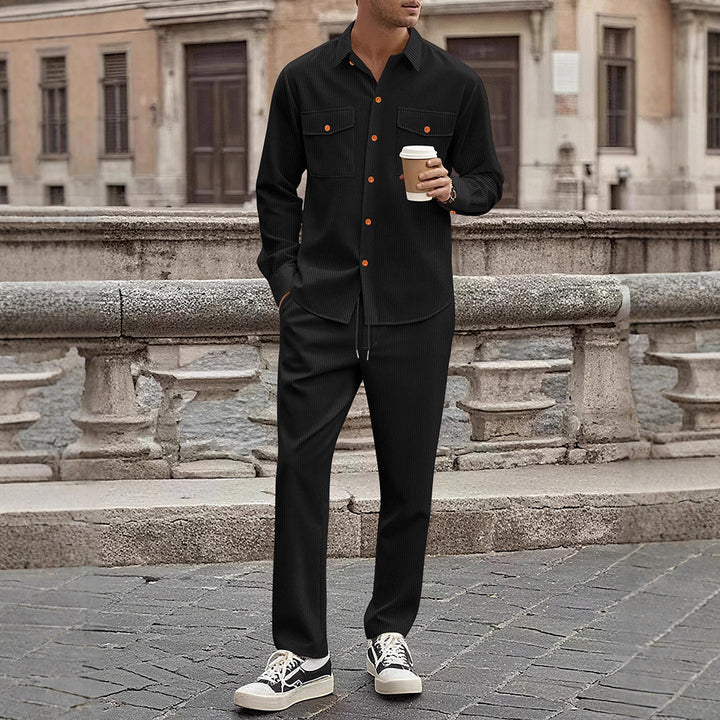 Casual striped outfit for men with modern button details and practical pockets Lune London